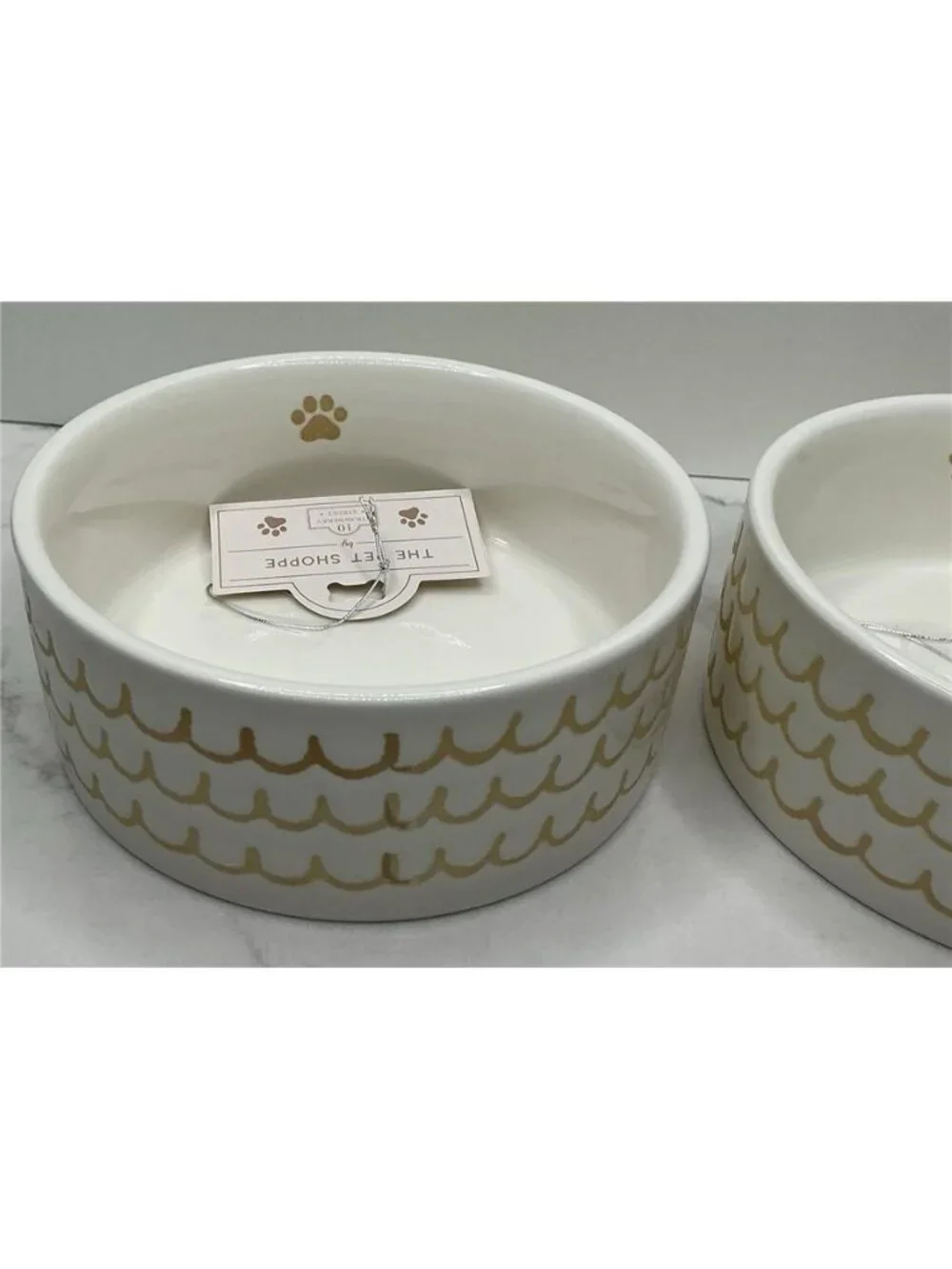 10 Strawberry Street 2 Pet Bowl Paw Waves Designs Tan Ceramic New